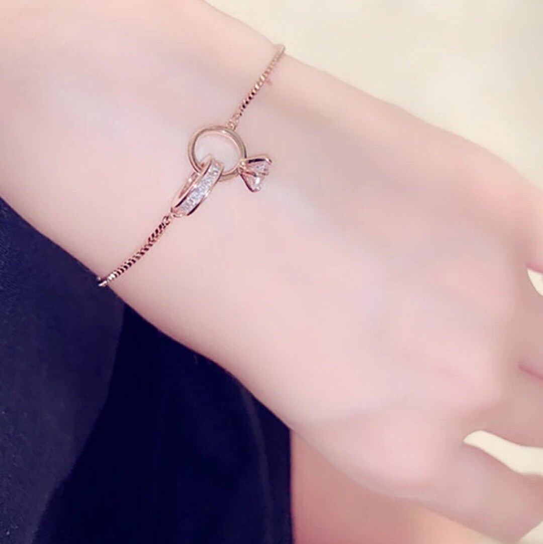 14k Gold Engagement Ring Bracelet, Cubic Zirconia Gold Plated Ring