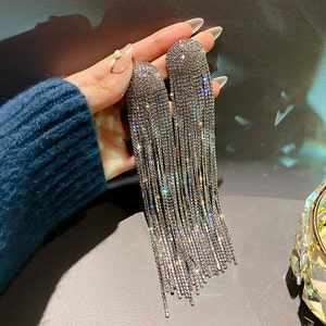 Rhinestone Tassel Drop Earrings Sparkling Crystal Dangle - Etsy