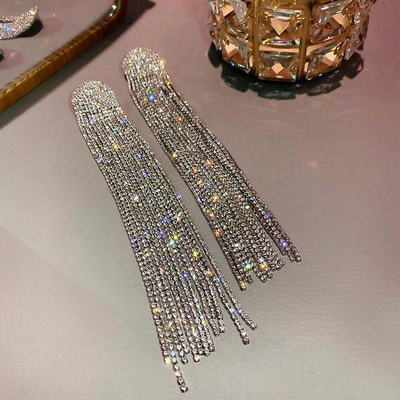 Rhinestone Tassel Earrings Crystal Dangle -