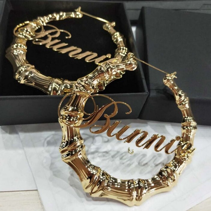 18k Gold Bamboo Custom Name Hoop Earrings Big Statement Name Hoop