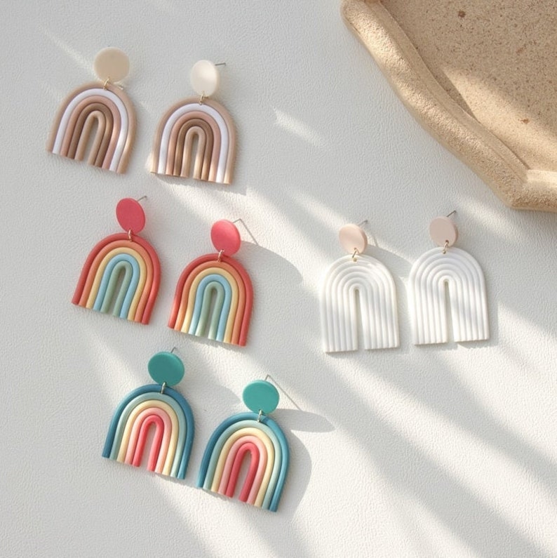 Synthetic Polymeric Clay Rainbow Arch Earrings, Rainbow Geometric Arch Earrings, PVC Clay Earrings, Imitation Clay Rainbow Earrings 