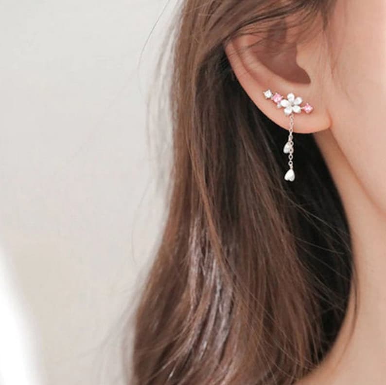 Sterling Silver Cherry Blossom Zircon Earrings Shell Flower - Etsy