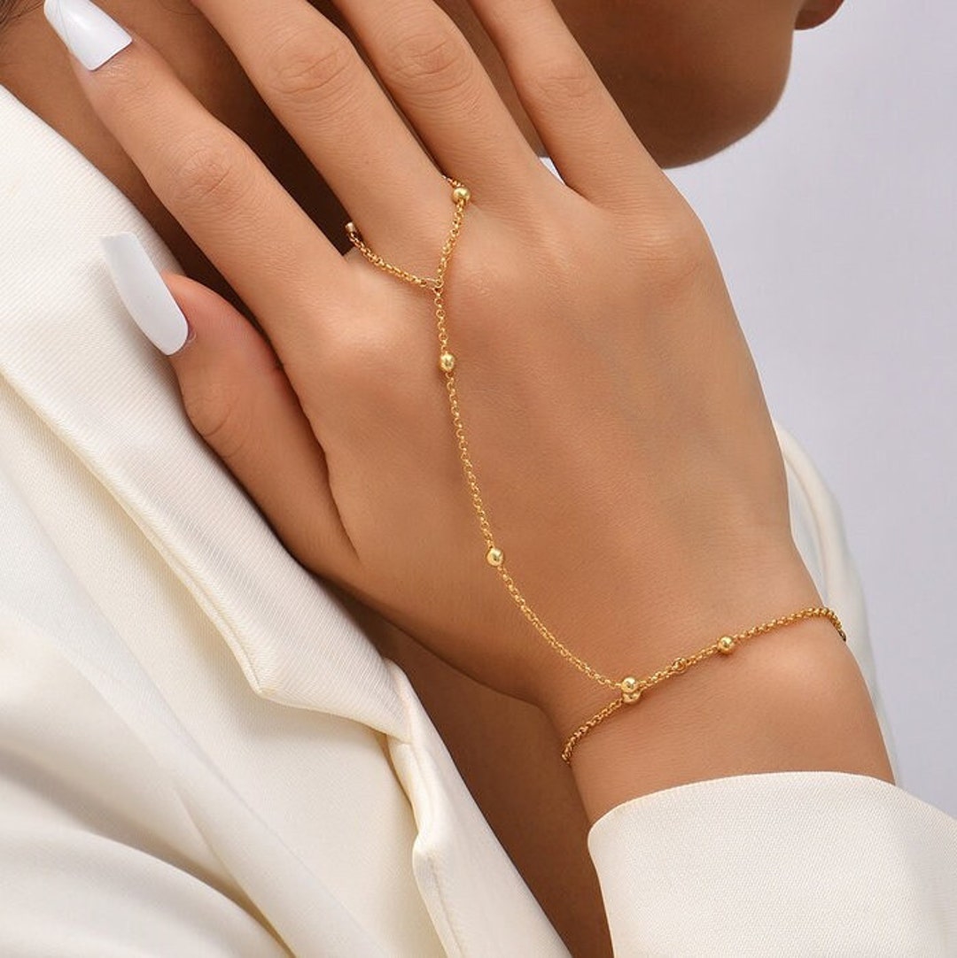 Dainty Hand Chain Slave Bracelet, Boho Finger Ring Chain Bracelet, Gold