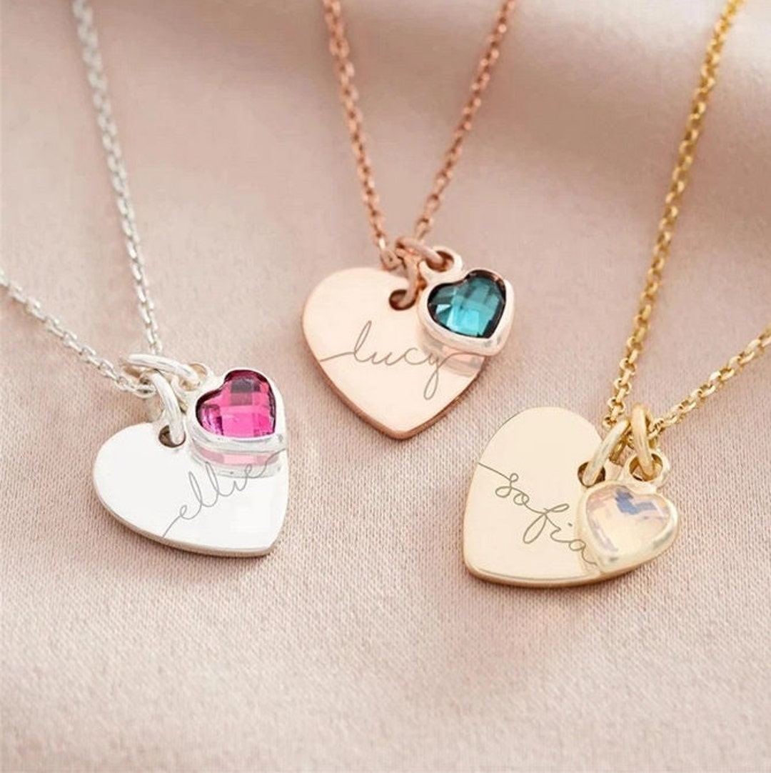 Personalized 1-6 Name Engraving Heart Pendant DIY Birthstone Necklace