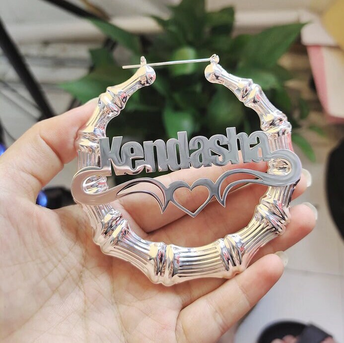 18k Gold Bamboo Custom Heart Nameplate Earrings Big Statement