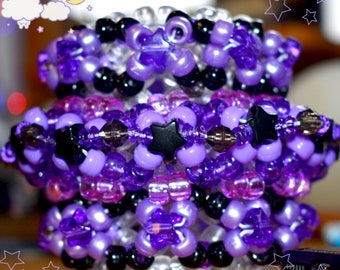 Kawaii Black Purple Rotating Kandi Cuff, Scenecore Ravewear Kandi Bracelet