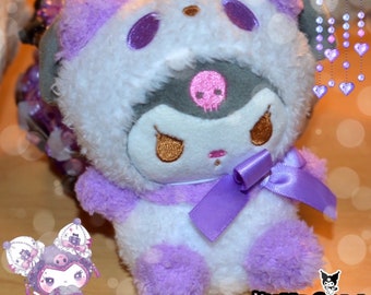 Kawaii Epic Kandi Rotating Cuff, Purple and Black Ravewear Scenecore Cuff with Kuromi Stuffed Animal