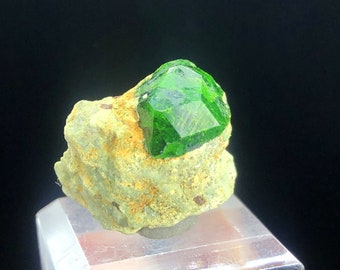 鮮やかな緑色のデマントイドガーネット結晶（母岩付き） - 30グラム