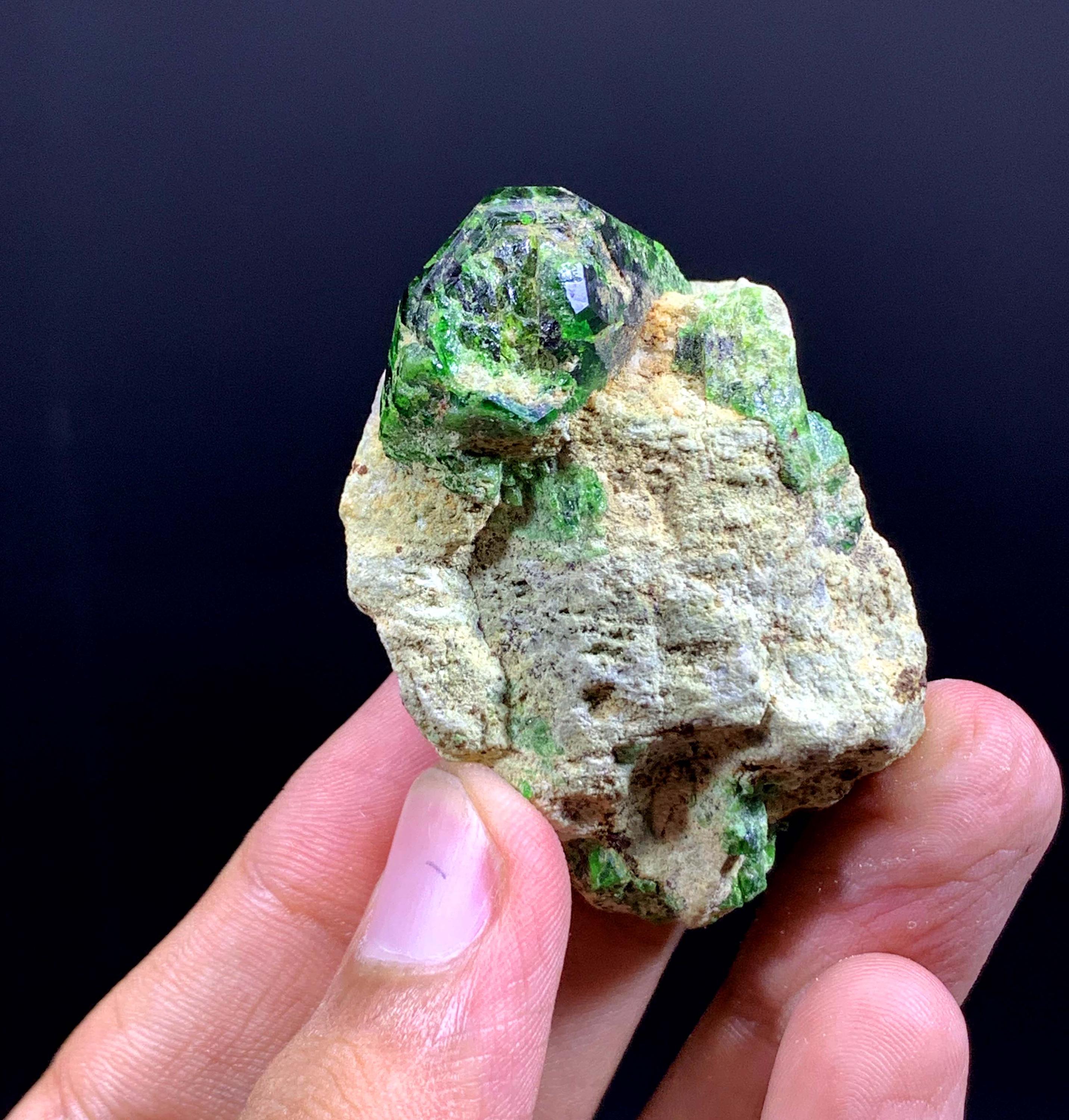 鮮やかな緑色のデマントイドガーネット結晶（母岩付き） - 53グラム