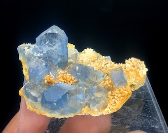 May include: A cluster of blue fluorite crystals on a matrix of tan-colored calcite. The fluorite crystals are translucent and have a glassy luster.