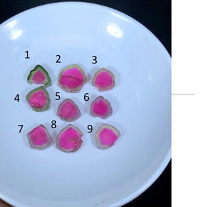 May include: Nine pink and green tourmaline slices, numbered 1 through 9, on a white plate. The slices are cut and polished, showing the natural crystal structure.