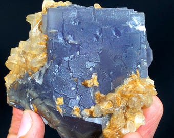 Natural Purple Blue Fluorite Specimen with Calcite, Pakistan Mineral