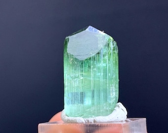 May include: A translucent, light green tourmaline crystal. The crystal is mounted on a clear, rectangular base. The gemstone has a vertical, columnar structure with visible striations. The top of the crystal has a flat, light-colored surface.