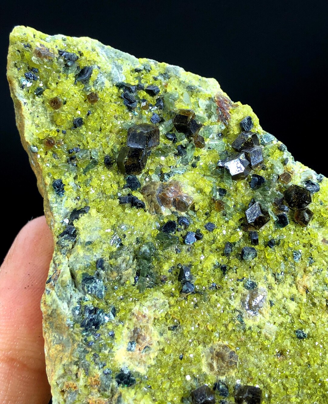 天然のアンドラダイトガーネット結晶、透輝石と緑簾石、ガーネット標本