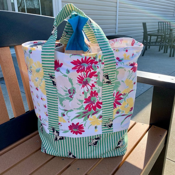 Grocery/Shopping Bag made with Vintage Ticking & Wilendur Fabric