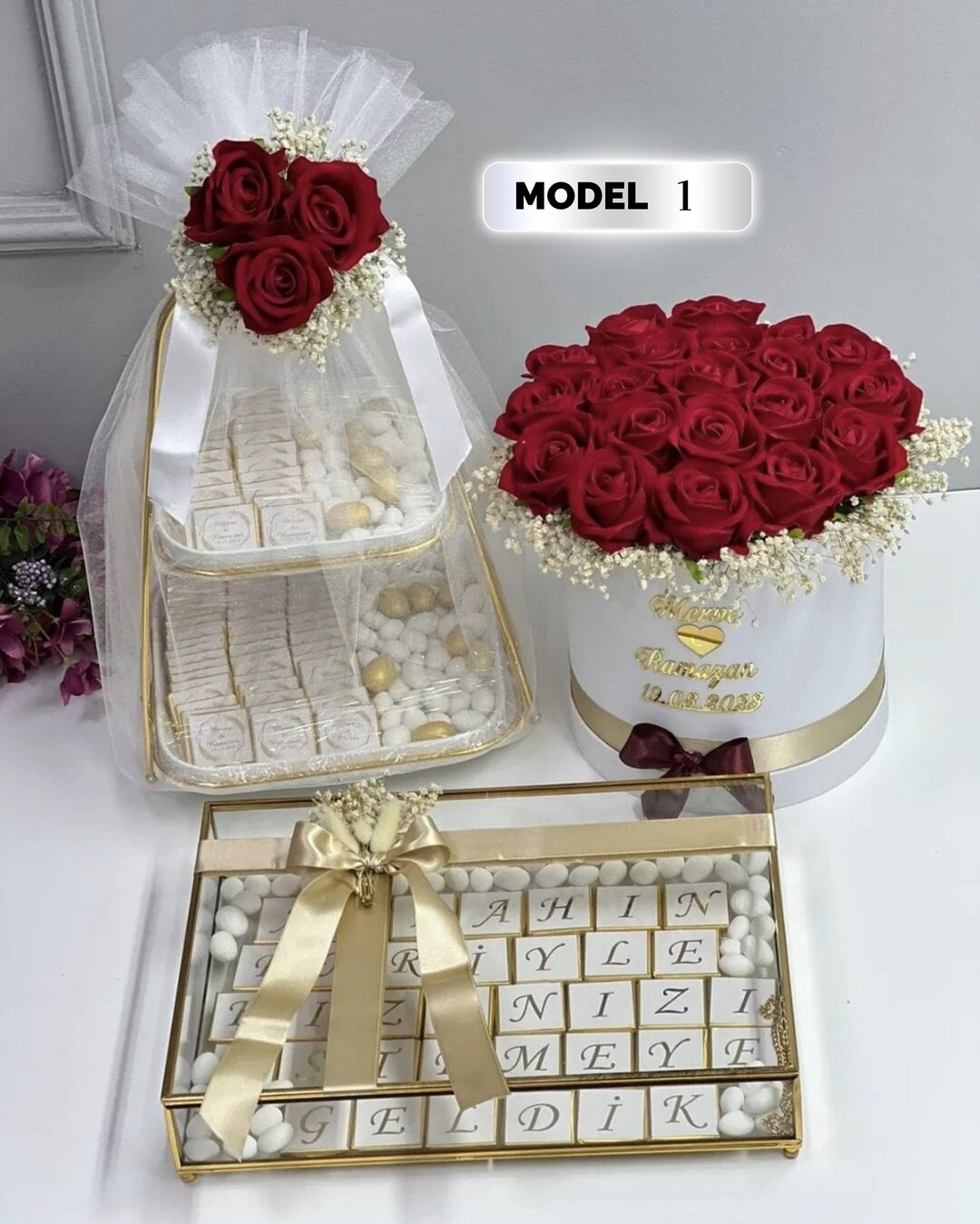 Personalized Glass Chocolate Tray, Rose Box, 2 Layer Engagement Nikkah