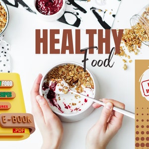 Könnte beinhalten: Ein Bild mit dem Thema gesunde Ernährung. Es zeigt eine Schüssel Joghurt mit Müsli und Beeren, ein Glas Müsli und ein gelbes E-Book mit dem Text "Healthy Food" und "45 Recipes with Pictures". Die Worte "Healthy Food" sind in großen braunen Buchstaben.