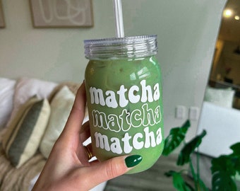 Matcha Matcha Matcha Iced Coffee Cup |  24 oz Plastic Mason Jar Iced Coffee Cup with Lid and Straw