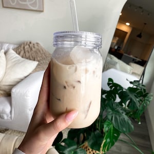 Clear Blank Iced Coffee Cup |  24 oz Plastic Mason Jar Iced Coffee Cup with Lid and Straw