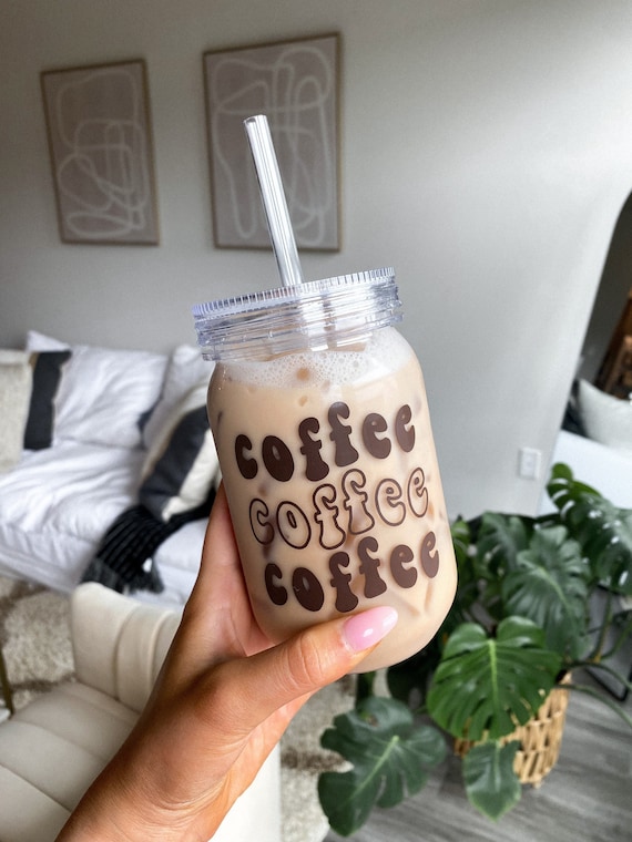 Coffee Coffee Coffee Iced Coffee Cup 24 Oz Plastic Mason Jar Iced Coffee Cup With Lid and Straw Etsy UK