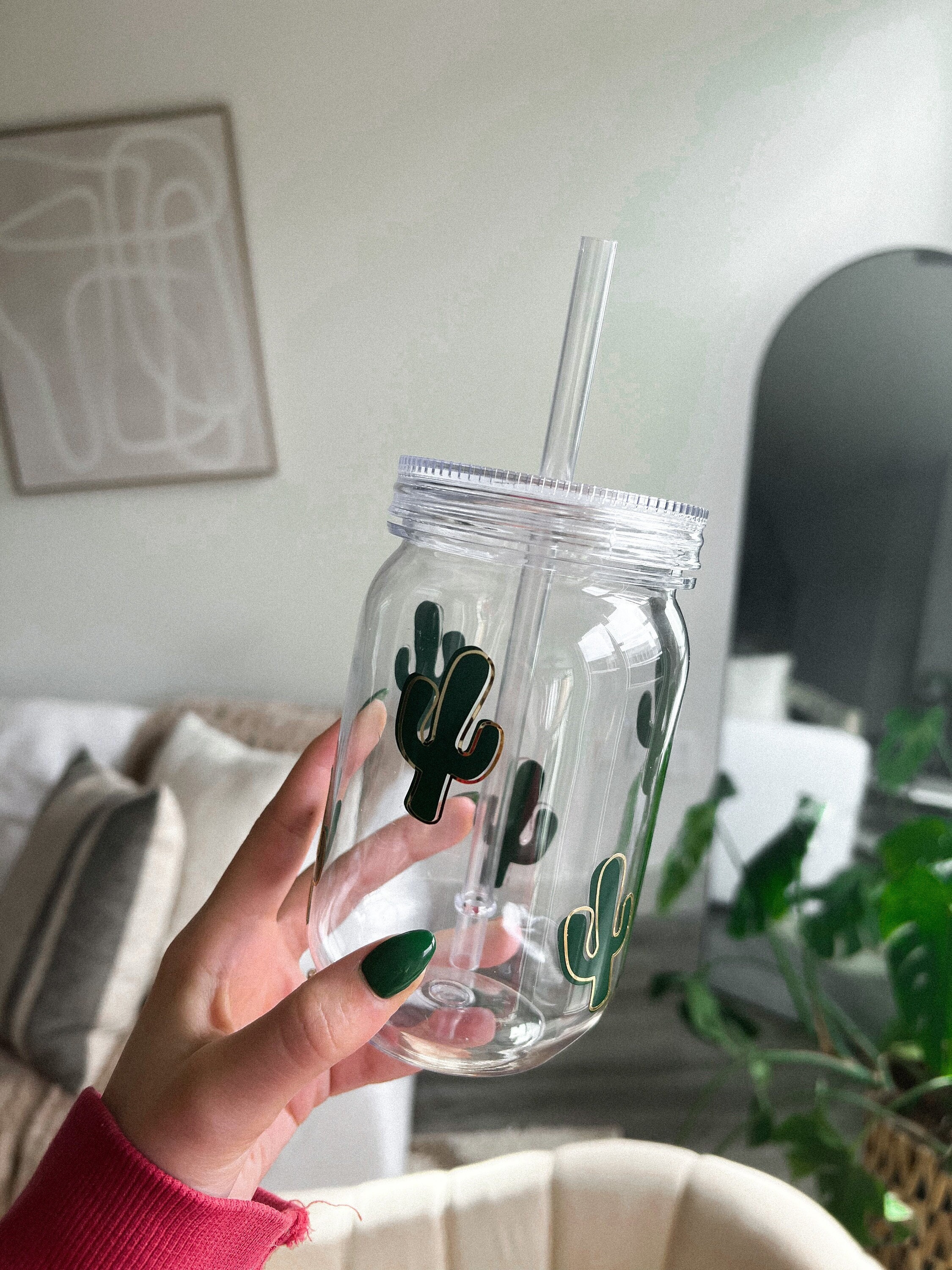 Colored 420ml Cactus Shaped Glass Mason Mug with Straw Lid for