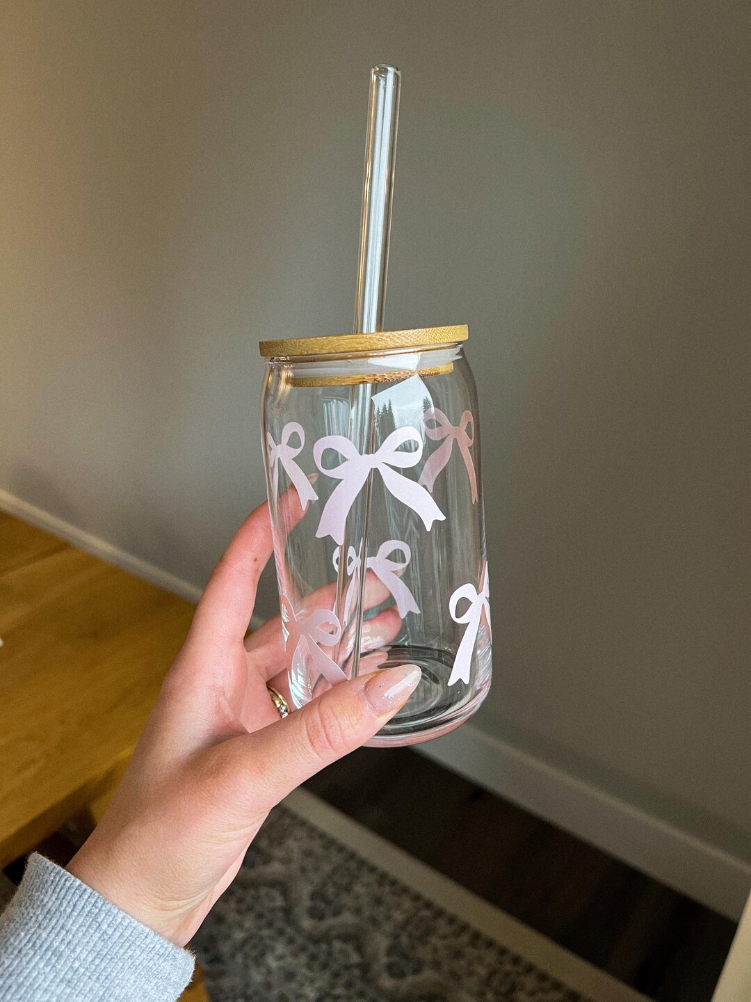 Cute Baby Pink Bows Ribbons Iced Coffee Cup 16 Oz Glass Coffee Cup With ...