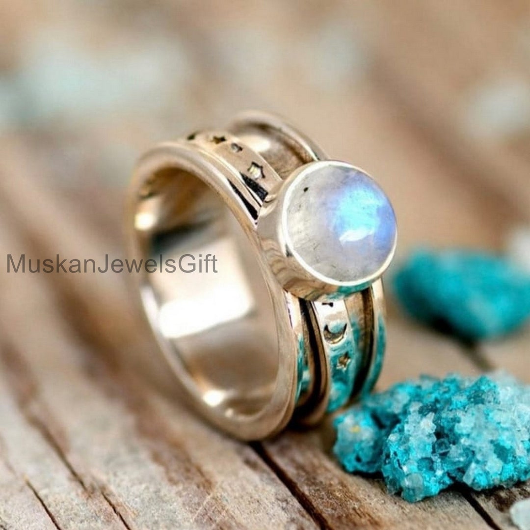 Stars and Moon Ring, Moonstone Ring, Spinner Ring, 925 Sterling Silver