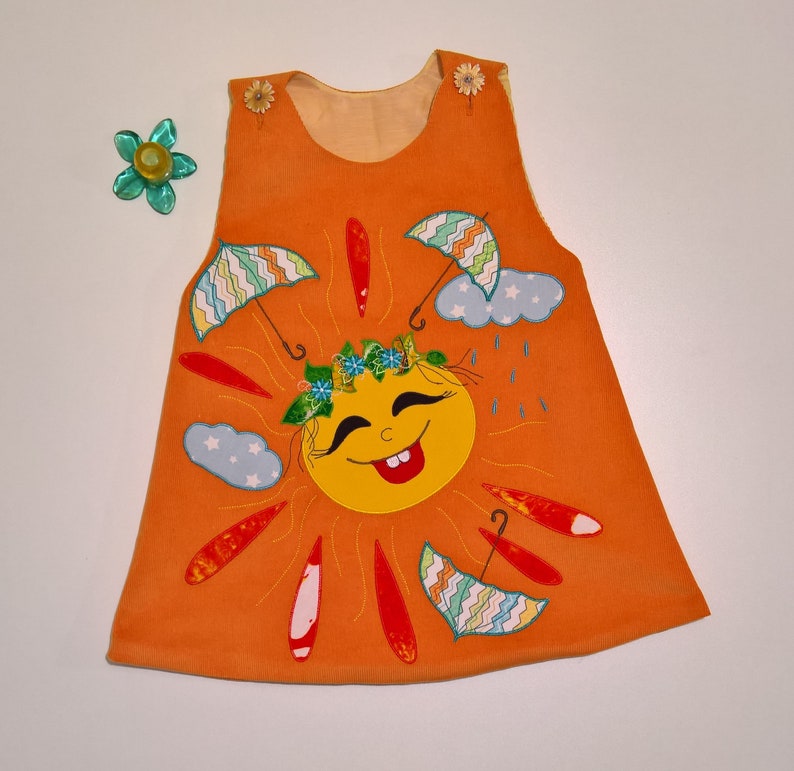 Sunny smile craft orange dress embroidery dress Handmade Dress For Little Girls handmade appliques premium product cotton dress