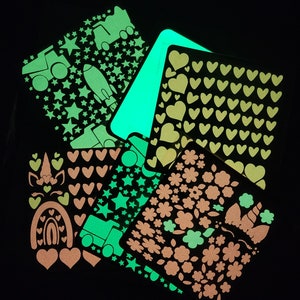 Glow in the dark sticker sheet, Glow in the Dark Stars, Moon, Trucks, Hearts, Unicorns, Rainbows.