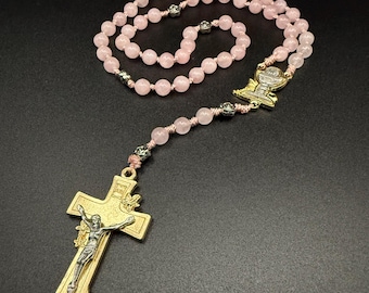 Delicate Pink Childs Heirloom Rosary with Natual Rose Quartz Stones and First Communion Medal