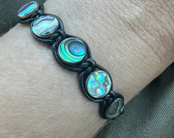 Handmade Abalone Bracelet, Natural Leather Cord, 8mm Beads