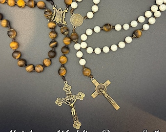 Hand Knotted Catholic Wedding Rosary Set – Tiger Eye & Mother of Pearl Free Shipping