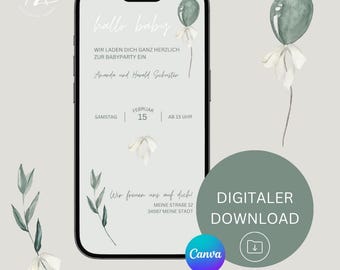 Invito per baby shower, biglietto d'invito digitale per baby shower, biglietto personalizzato, futura mamma, ciao tesoro, modello WhatsApp, verde, eCard