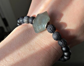 Onyx, Lava Rock, and Labradorite Beaded Bracelet; Black Beaded Bracelet: Labradorite Bracelet; Crystal Beaded Bracelet