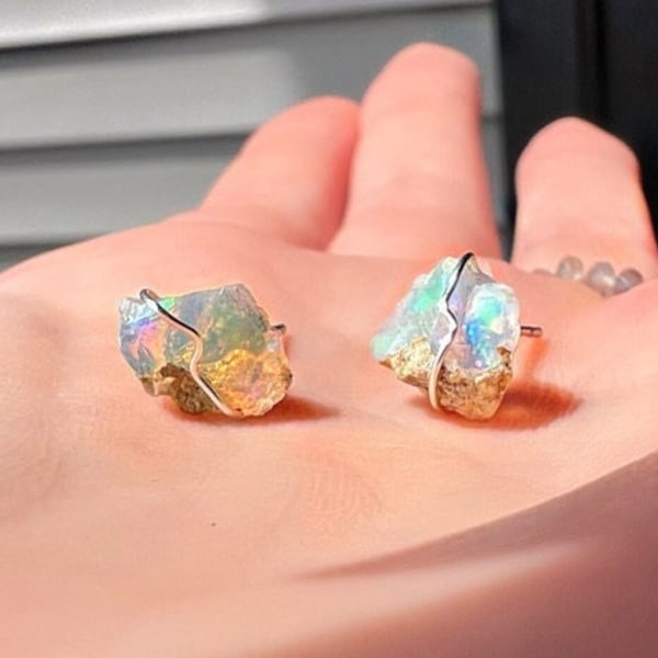 Ethiopian Opal Stud Earrings; Natural Rough Opal Earrings; October Birthstone Earring; Raw Opal Jewelry