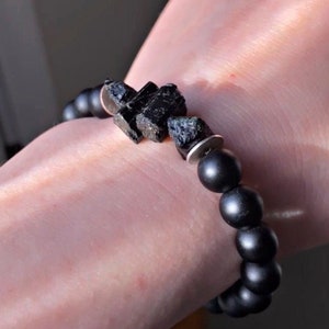 Rough Tourmaline and Onyx Beaded Bracelet; Black Beaded Bracelet: Tourmaline Bracelet