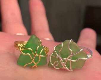 Wire Wrapped Sea Glass Ring; Natural Sea Glass Ring