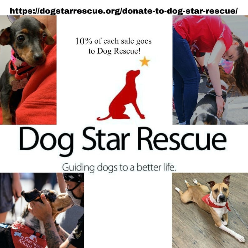 Puede incluir: Un collage de im&aacute;genes con perros y el texto "Dog Star Rescue" con el lema "Guiding dogs to a better life." La imagen tambi&eacute;n incluye el texto "10% of each sale goes to Dog Rescue!" y una silueta roja de un perro mirando una estrella.