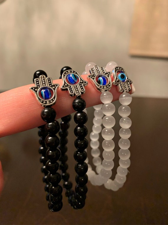 Beaded Hamsa Bracelet; Hamsa Charm Crystal Bead Bracelet: Onyx and Cat’s Eye Bead Bracelet; Stretchy Crystal Bead Bracelet