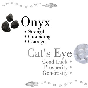 Puede incluir: Piedras de &oacute;nix negras y piedras de ojo de gato blancas con texto que dice: Onyx &bull; Fuerza &bull; Enraizamiento &bull; Coraje Ojo de gato &bull; Buena suerte &bull; Prosperidad &bull; Generosidad