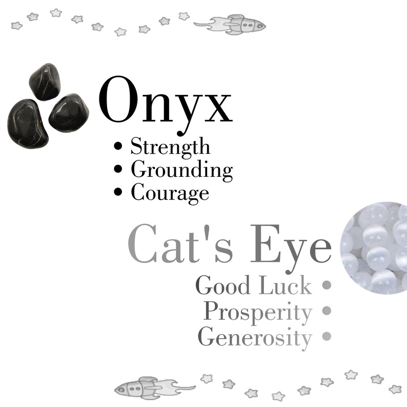 Puede incluir: Piedras de &oacute;nix negras y piedras de ojo de gato blancas con texto que dice: Onyx &bull; Fuerza &bull; Enraizamiento &bull; Coraje Ojo de gato &bull; Buena suerte &bull; Prosperidad &bull; Generosidad