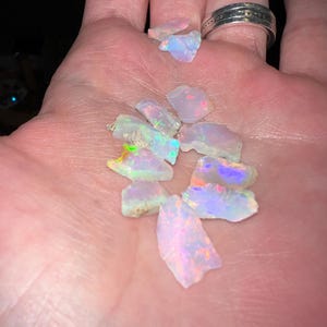 May include: A collection of small, iridescent opal gemstones in various shapes and sizes. The opals are a pale white with flashes of rainbow colours.