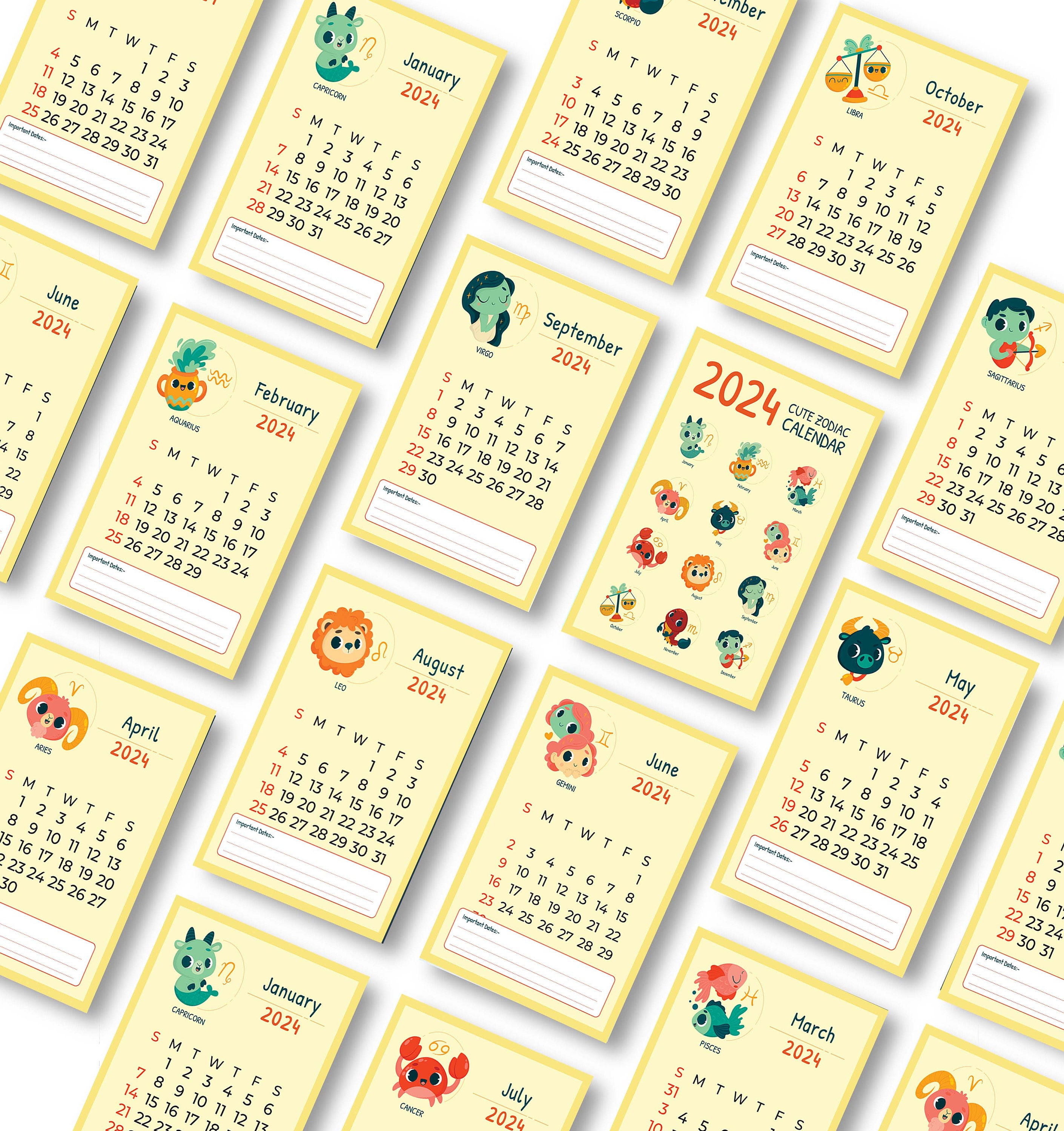 Printable Zodiac Calendar 2024 Monthly Calendar 2024 A4 Etsy UK