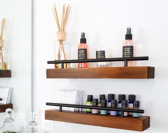 Floating Shelf Spice Rack - 2 SHELVES - Kitchen & Bathroom Wall Mounted Organizer For Spices, Essential Oils - Rustic Wood Hanging Shelving