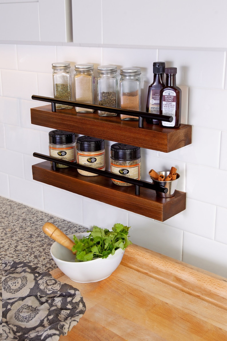 Floating Shelf Spice Rack 2 SHELVES Kitchen & Bathroom Wall Mounted Organizer For Spices, Essential Oils Rustic Wood Hanging Shelving image 2