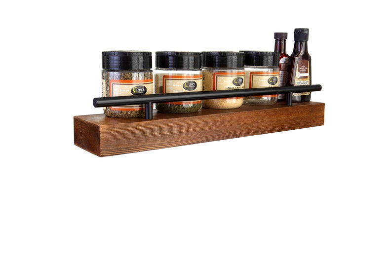 Floating Shelf Spice Rack 2 SHELVES Kitchen & Bathroom Wall Mounted Organizer For Spices, Essential Oils Rustic Wood Hanging Shelving image 5