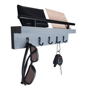 Key Holder and Mail Shelf - Entryway Decorative Wooden Wall Organizer Rack for Keys, Letters, Bills - Pine Wood Unique Rustic and Industrial
