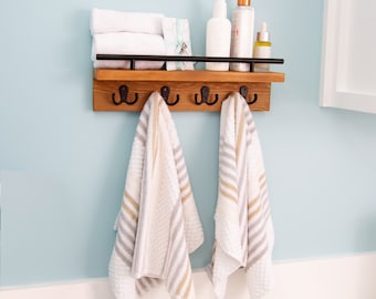 Key Holder and Mail Shelf - Bathroom Towel Shelf with Hooks - Decorative Wooden Wall Organizer - Pine Wood Unique Rustic Industrial