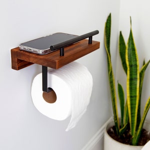 Wood Toilet Paper Holder With Shelf - Wall Mounted Rustic Modern Farmhouse Bathroom Organizer For Tissue Rolls, Wet Wipes, Hand Towels