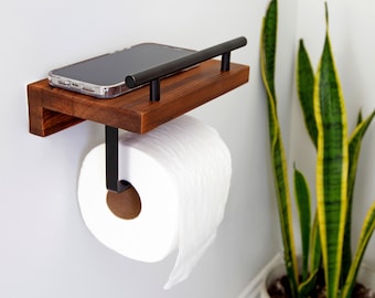 Wood Toilet Paper Holder With Shelf - Wall Mounted Rustic Modern Farmhouse Bathroom Organizer For Tissue Rolls, Wet Wipes, Hand Towels